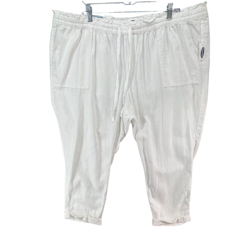 Old Navy Linen Crop Pant Women 2XL Bright White Pull On Elastic Waist Summer NEW
